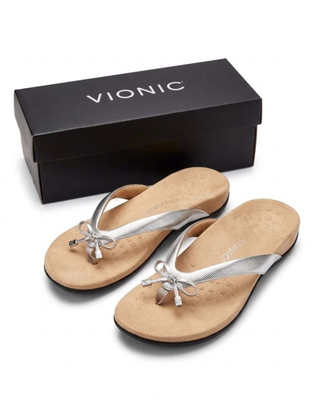 Vionic Bella Sandals Flip Flops - Aluminun Ribbed Metal Bow Sandals- Size 12 - Picture 1 of 5